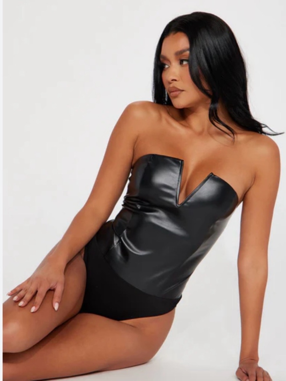 Fashion Nova Strapless Black Faux Leather V-Front Bodysuit